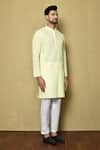 Aryavir Malhotra_Yellow Cotton Chikankari Embroidered Work Mandarin Collar Kurta And Pant Set _at_Aza_Fashions