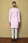 Shop_Aryavir Malhotra_Pink Silk Blend Embroidery Chikankari Floral Kurta With Pant _Online_at_Aza_Fashions