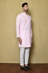 Aryavir Malhotra_Pink Cotton Chikankari Embroidered Thread Mandarin Collar Kurta _at_Aza_Fashions