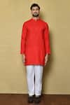 Buy_Aryavir Malhotra_Red Cotton Silk Plain Short Full Sleeve Kurta Set _Online_at_Aza_Fashions