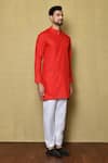 Shop_Aryavir Malhotra_Red Cotton Silk Plain Short Full Sleeve Kurta Set _Online_at_Aza_Fashions