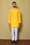 Buy_Aryavir Malhotra_Yellow Cotton Silk Plain Short Kurta And Pyjama Set _Online_at_Aza_Fashions