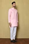 Aryavir Malhotra_Pink Cotton Silk Plain Solid Short Kurta _at_Aza_Fashions