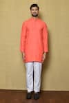 Buy_Aryavir Malhotra_Coral Cotton Silk Plain Solid Straight Kurta Set _Online_at_Aza_Fashions