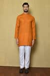 Aryavir Malhotra_Orange Cotton Silk Plain Short Mandarin Collar Kurta _Online_at_Aza_Fashions