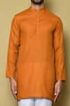 Shop_Aryavir Malhotra_Orange Cotton Silk Plain Short Mandarin Collar Kurta Set _Online_at_Aza_Fashions