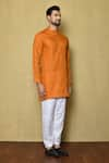 Buy_Aryavir Malhotra_Orange Cotton Silk Plain Short Mandarin Collar Kurta Set 