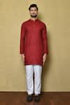 Buy_Aryavir Malhotra_Red Cotton Silk Plain Mandarin Collar Short Kurta Set _Online_at_Aza_Fashions