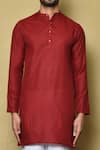 Buy_Aryavir Malhotra_Red Cotton Silk Plain Mandarin Collar Short Kurta Set 