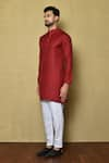 Shop_Aryavir Malhotra_Red Cotton Silk Plain Mandarin Collar Short Kurta Set _Online_at_Aza_Fashions