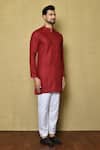 Naintara Bajaj_Red Cotton Silk Plain Mandarin Collar Short Kurta For Men_at_Aza_Fashions