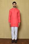 Buy_Aryavir Malhotra_Coral Cotton Silk Plain Mandarin Collar Solid Kurta Set _Online_at_Aza_Fashions