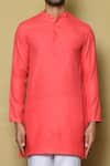 Shop_Aryavir Malhotra_Coral Cotton Silk Plain Mandarin Collar Solid Kurta Set _Online_at_Aza_Fashions