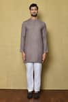 Aryavir Malhotra_Grey Cotton Silk Plain Full Sleeve Short Kurta _Online_at_Aza_Fashions