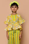 Shop_Pankhuri by Priyanka_Yellow Cambric Cotton Printed Geometric Peplum Kurta And Pant Set_Online_at_Aza_Fashions