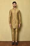Shop_Naintara Bajaj_Gold Cotton Silk Plain Mandarin Collar Kurta Set_Online_at_Aza_Fashions