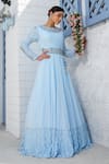 Tamaraa By Tahani_Blue Georgette Embroidery Sequin Boat Neck Crystal Waistband Draped Gown _Online_at_Aza_Fashions