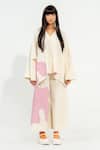 Stoique_Off White Cotton V-neck Cypress Applique Work Top _Online_at_Aza_Fashions