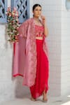 Tamaraa By Tahani_Pink Georgette Embroidery Crystal Cape Open And Dhoti Skirt Set _Online_at_Aza_Fashions