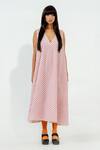 Buy_Stoique_Off White Cotton, Muslin Plunge Neck Soy Stripe Print Dress _Online_at_Aza_Fashions