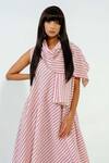 Stoique_Off White Cotton, Muslin Plunge Neck Soy Stripe Print Dress _at_Aza_Fashions