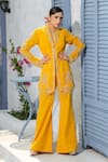 Tamaraa By Tahani_Yellow Georgette Sequins Shawl Placement Embroidered Jacket Kurta And Pant Set _Online_at_Aza_Fashions