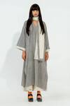 Stoique_Off White Cotton, Muslin Embroidery V-neck Polka Dot Woven Dress _Online_at_Aza_Fashions