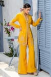 Buy_Tamaraa By Tahani_Yellow Georgette Sequins Shawl Placement Embroidered Jacket Kurta And Pant Set _Online_at_Aza_Fashions