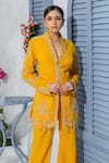Shop_Tamaraa By Tahani_Yellow Georgette Sequins Shawl Placement Embroidered Jacket Kurta And Pant Set _Online_at_Aza_Fashions