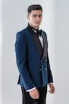 Buy_Amrit Dawani_Blue Polyester Japanese Solid Shawl Lapel Collar Tuxedo Set _Online_at_Aza_Fashions