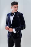 Shop_Amrit Dawani_Blue Velvet, Cotton, Polyester Cut Work Cutdana Embroidered Tuxedo Set _Online_at_Aza_Fashions