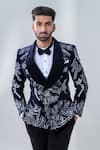 Amrit Dawani_Blue Velvet, Cotton, Silk Embroidery Navy Botanical Tuxedo Set _Online_at_Aza_Fashions
