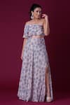 Amani_Grey Crepe Silk Print Floral Asymmetrical Neck Retro Flower Top And Skirt Set _Online_at_Aza_Fashions