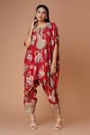 Buy_Amani_Red Muslin Silk Round Floral Pattern Fusion Kaftan And Patiala Set _Online_at_Aza_Fashions