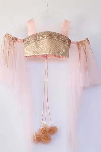 Pinkcow designs pvt ltd_Pink Tulle, Crepe Tassels Cold Shoulder Blouse With Lehenga Set _Online_at_Aza_Fashions