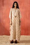 Amisha Kothari_Beige Cotton Silk Printed Block Round Ambika Kaftan  _at_Aza_Fashions