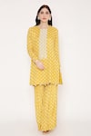 Bha Sha_Yellow Muslin, Net, Satin Sequins, Beads Boat Amirah Bandhani Print Kurta Set _Online_at_Aza_Fashions