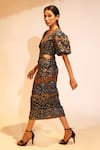 Nikita Mhaisalkar_Blue Georgette Sequins Plunge Neck Aztec Print Bodycon Dress_Online_at_Aza_Fashions
