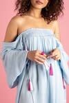 Style Junkiie Blue Crepe Tassels One Shoulder Smocked Off Dress at Aza Fashions Style Junkiie_Blue Crepe Tassels One Shoulder Smocked Off Dress _at_Aza_Fashions