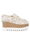 Shop_Anaar_Beige Moss Crepe Paradise Signature Embroidered Sneaker Wedges_Online_at_Aza_Fashions