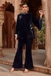 Buy_Ajiesh Oberoi_Blue Velvet Embroidery Bandeau Neck Top And Flared Pant Set _Online_at_Aza_Fashions