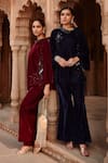 Ajiesh Oberoi_Wine Velvet Embroidery Bandeau Neck Top And Flared Pant Set _Online_at_Aza_Fashions