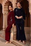 Ajiesh Oberoi_Blue Velvet Embroidery Bandeau Neck Top And Flared Pant Set _at_Aza_Fashions