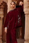 Buy_Ajiesh Oberoi_Wine Velvet Embroidery Bandeau Neck Top And Flared Pant Set _Online_at_Aza_Fashions