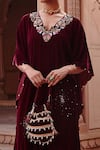 Ajiesh Oberoi Wine Velvet Embroidery Keyhole Neck Scattered Work Kaftan And Pant Set Online at Aza Fashions Ajiesh Oberoi_Wine Velvet Embroidery Keyhole Neck Scattered Work Kaftan And Pant Set _Online_at_Aza_Fashions