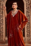 Shop_Ajiesh Oberoi_Gold Velvet Embroidered Floral Cutwork Kaftan And Pant Set _Online_at_Aza_Fashions