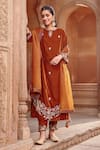 Buy_Ajiesh Oberoi_Gold Cotton Silk Embroidered Thread Round Straight Kurta Set _Online_at_Aza_Fashions