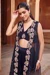 Buy_Ajiesh Oberoi_Blue Velvet, Organza Sequins, Beads, Embroidery V-neck Hand Cape And Sharara Set _Online_at_Aza_Fashions