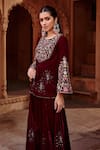 Ajiesh Oberoi_Wine Velvet Embroidered Thread Round Jacket And Sharara Set _Online_at_Aza_Fashions