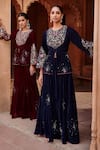 Buy_Ajiesh Oberoi_Wine Velvet Embroidered Thread Round Jacket And Sharara Set _Online_at_Aza_Fashions